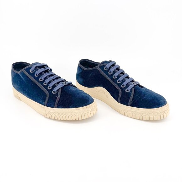 Chanel Velvet Low Top Sneakers EU 41 US 10-10.5 Navy Blue Beige Lace Up Shoe - Picture 1 of 14